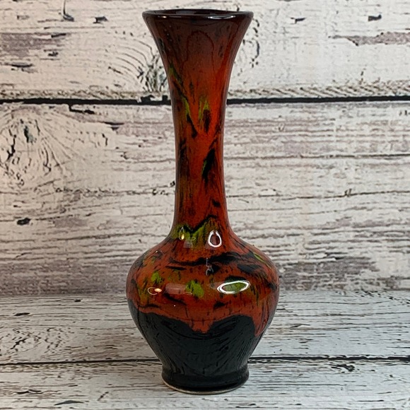 Art Pottery‎ Vase Bud Home Decor Accent Piece Red Black Green 9.5" - Picture 1 of 5